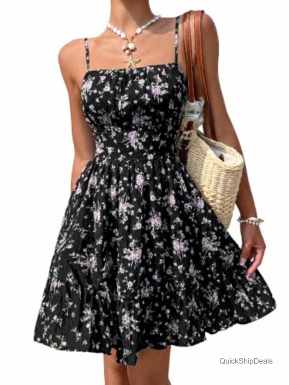 Floral Print Milkmaid Dress Smocked Boho Ruffle Hem Spaghetti Strap Mini